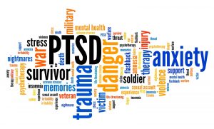 PTSD - post traumatic stress disorder. Mental health issue. Word cloud sign with the words "PTSD. Survivor. Trauma. Danger. Sexual Assault. Domestic Violence. and more for survivors of violence in Indianapolis, IN